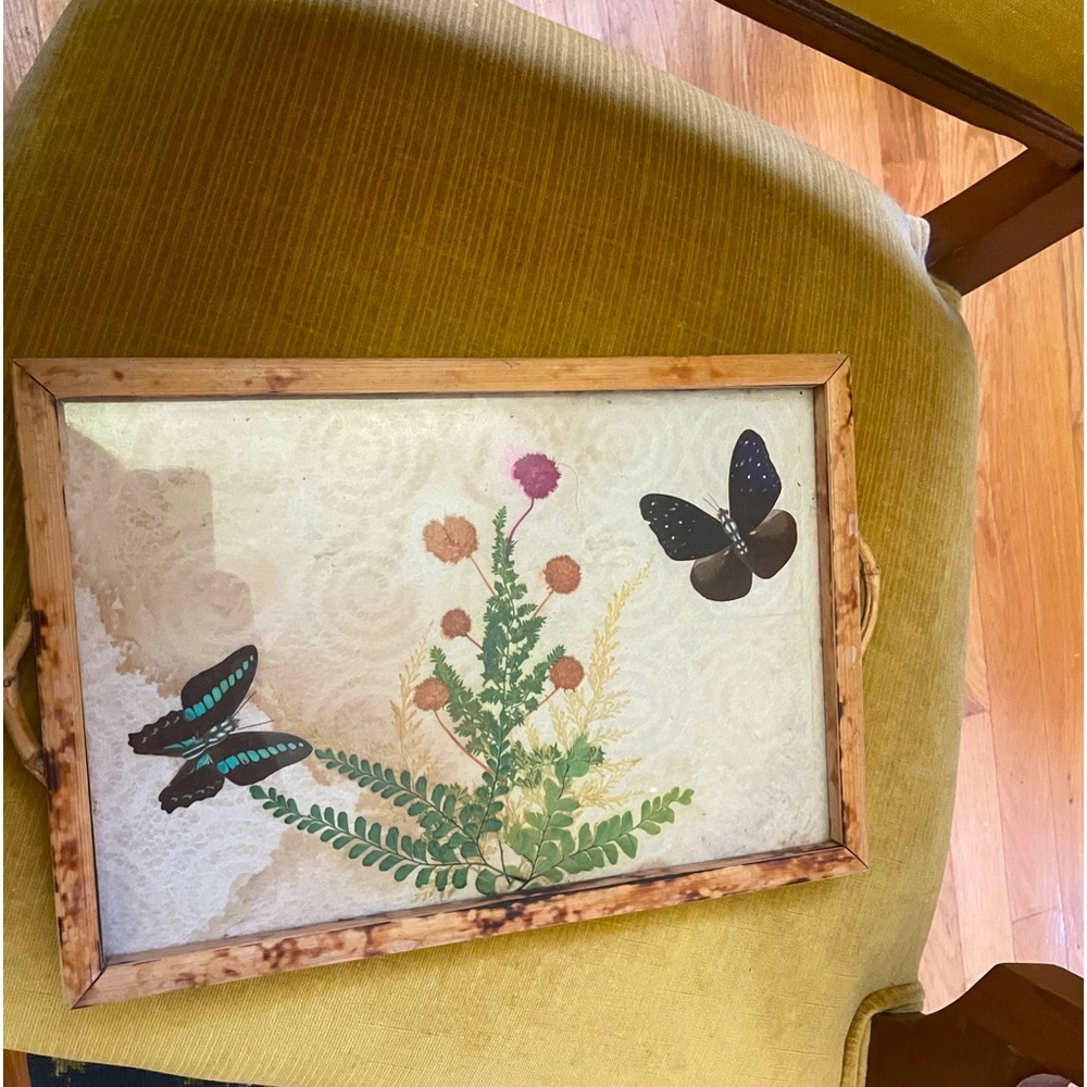 Vintage Bamboo Butterfly & Flower Tray